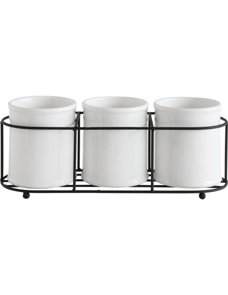 Juego de 3 Tarros de Gres Blanco con Soporte de Metal Negro Juego de 3 Tarros de Gres Blanco con Soporte de Metal Negro