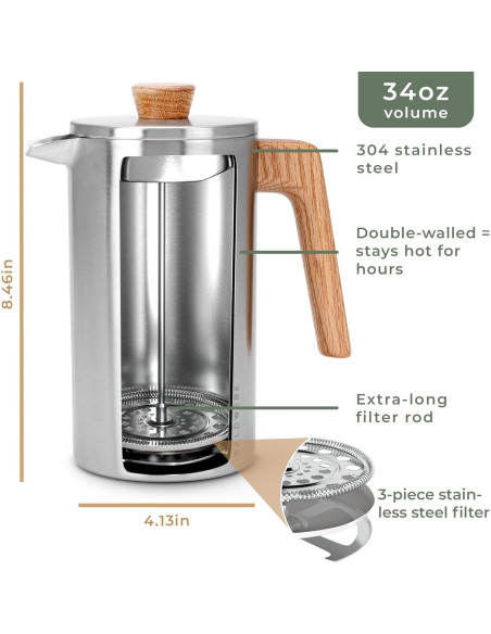 Prensa Francesa WALDWERK 1000 ml - Cafetera Acero Inoxidable Doble Pared Prensa Francesa WALDWERK 1000 ml - Cafetera Acero Inoxidable Doble Pared