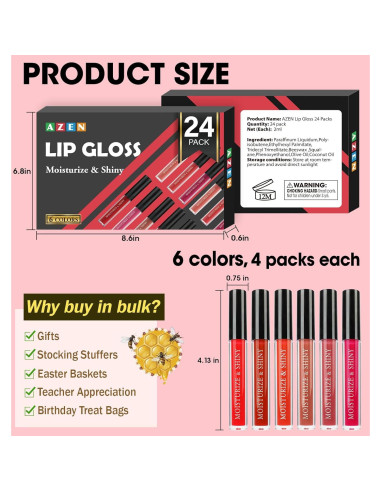 Set de 24 Brillos Labiales AZEN con Colores Variados e Hidratantes