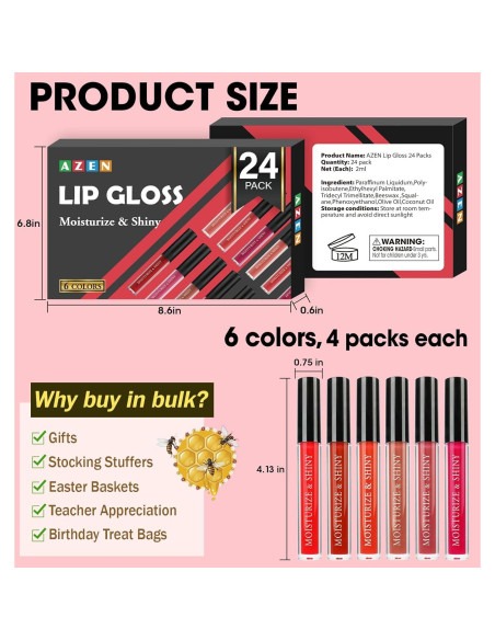 Set de 24 Brillos Labiales AZEN con Colores Variados e Hidratantes Set de 24 Brillos Labiales AZEN con Colores Variados e Hidratantes