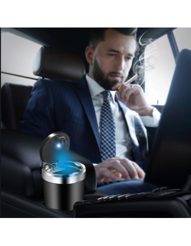 Cenicero de coche Genérico con tapa y luz LED azul - Acero inoxidable