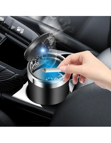 Cenicero de coche Genérico con tapa y luz LED azul - Acero inoxidable