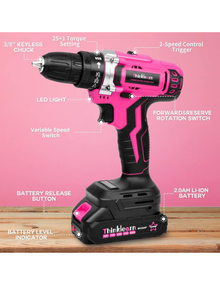 Taladro Inalámbrico Rosa ThinkLearn 20V con Accesorios Taladro Inalámbrico Rosa ThinkLearn 20V con Accesorios