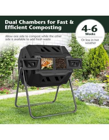 Compostador Giratorio 160 L Goplus Doble Cámara Metal Negro