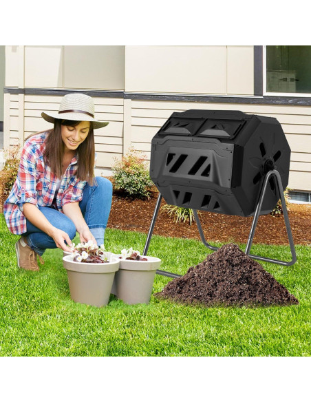 Compostador Giratorio 160 L Goplus Doble Cámara Metal Negro Compostador Giratorio 160 L Goplus Doble Cámara Metal Negro