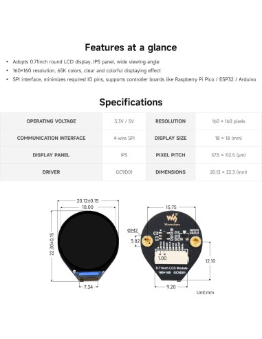 Módulo LCD Redondo Waveshare 0.71" IPS 160x160 SPI