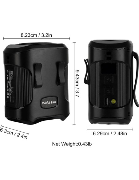 Ventilador de Cintura Portátil Recargable 4000mAh 3 Velocidades Negro Ventilador de Cintura Portátil Recargable 4000mAh 3 Velocidades Negro