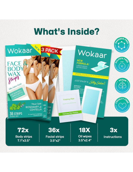 Kit de Tiras de Cera Corporal Wokaar - 24 Tiras Grandes y 12 Faciales Kit de Tiras de Cera Corporal Wokaar - 24 Tiras Grandes y 12 Faciales