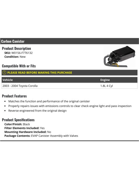 Canister de Carbono Marketplace Auto Parts para Toyota Corolla 2003-2004 1.8L Canister de Carbono Marketplace Auto Parts para Toyota Corolla 2003-2004 1.8L