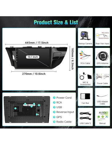 Radio Android 10.1" Kutaitai para Toyota Corolla 2013-2016
