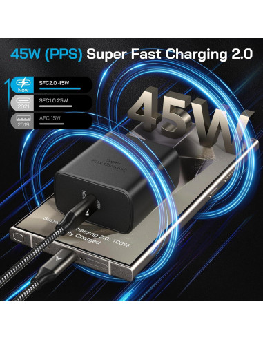Cargador Rápido 45W USB-C VELOGK + 2 Cables 10FT para Samsung