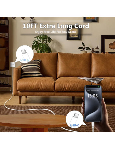 Cargador Rápido 20W USB C a C 10FT 2Pack para iPhone 16 15