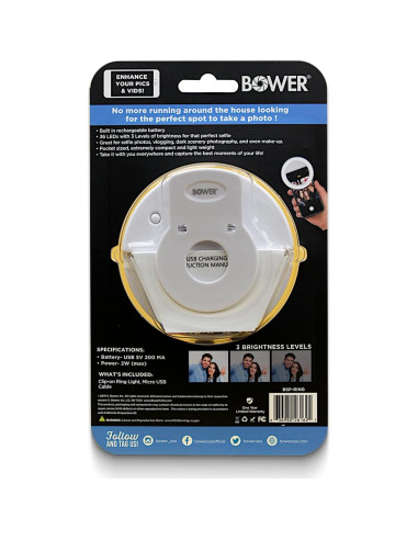 Luz de Anillo Clip-On Bower 36 LED Recargable para Selfies
