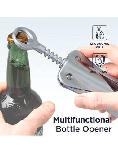 Sacacorchos Deiss de Vino Ergonómico Plateado con Abrebotellas