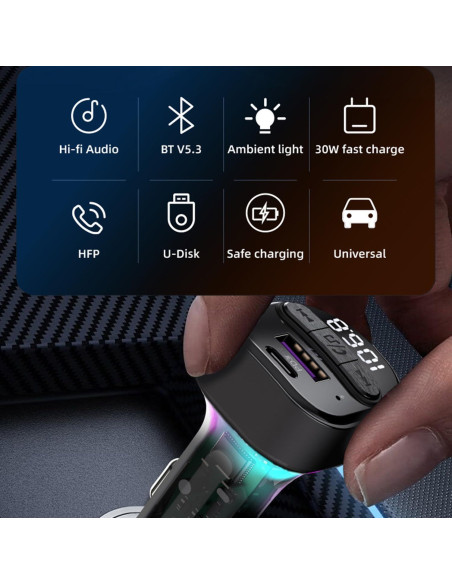 Transmisor FM Bluetooth 5.3 SYENGKKY con Cargador Type-C 30W Transmisor FM Bluetooth 5.3 SYENGKKY con Cargador Type-C 30W