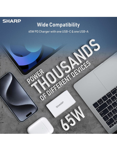 Cargador USB C Sharp 65W Doble Puerto Carga Rápida GaN Blanco