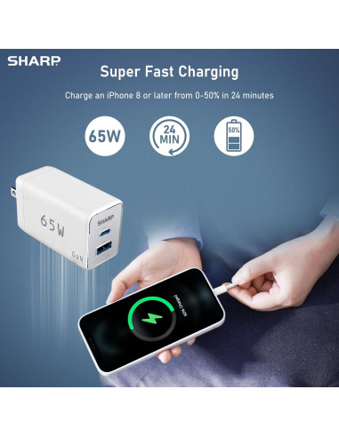 Cargador USB C Sharp 65W Doble Puerto Carga Rápida GaN Blanco