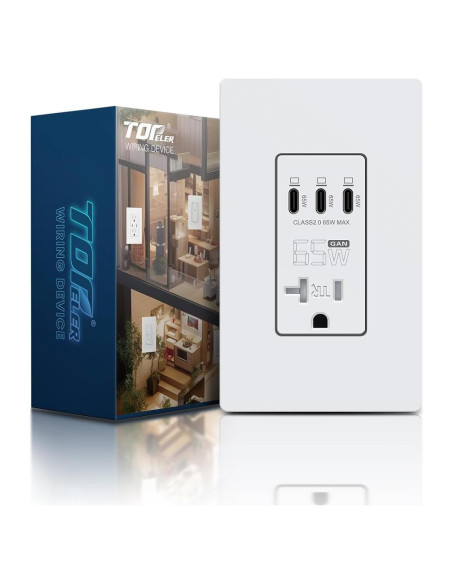 Toma de Corriente USB 65W TOPELER con 3 Puertos Tipo C Blanca Toma de Corriente USB 65W TOPELER con 3 Puertos Tipo C Blanca