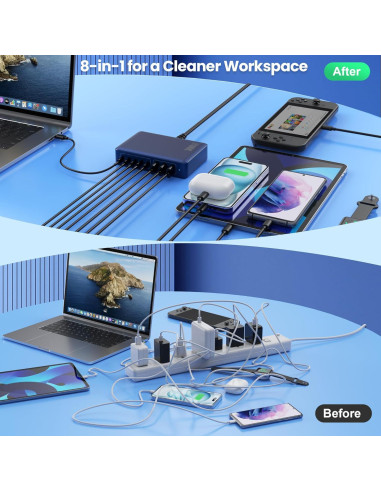 Cargador USB C 300W GaN 8 Puertos Rápido para Laptop