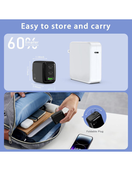 Cargador de pared USB C 67W QIOUZW, 3 puertos, GaN, Negro Cargador de pared USB C 67W QIOUZW, 3 puertos, GaN, Negro