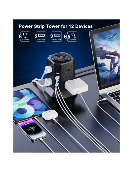 Torre de Regleta NVEESHOX 12 en 1 con 8 Salidas AC y 4 USB Torre de Regleta NVEESHOX 12 en 1 con 8 Salidas AC y 4 USB