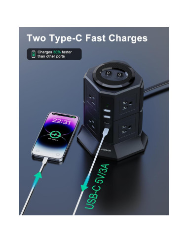 Torre de Regleta NVEESHOX 12 en 1 con 8 Salidas AC y 4 USB