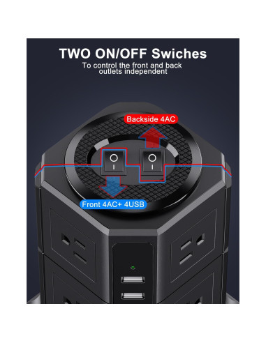 Torre de Regleta NVEESHOX 12 en 1 con 8 Salidas AC y 4 USB