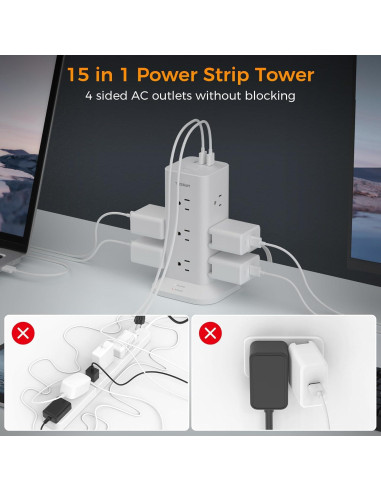 Torre de Regleta de Energía TESSAN 1.83m 12 Salidas 3 USB