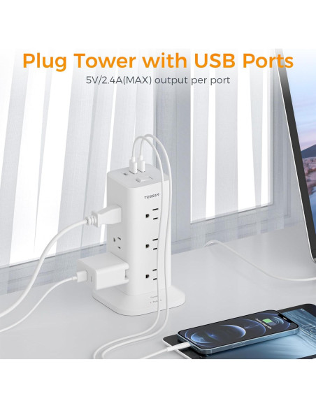 Torre de Regleta de Energía TESSAN 1.83m 12 Salidas 3 USB Torre de Regleta de Energía TESSAN 1.83m 12 Salidas 3 USB