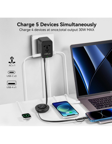 Adaptador de Viaje Universal MINLU 65W con Cable 3-en-1