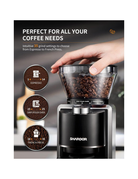 Molinillo de Café Eléctrico SHARDOR 35 Ajustes 2-12 Tazas Molinillo de Café Eléctrico SHARDOR 35 Ajustes 2-12 Tazas