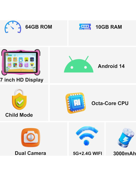 Tableta Android 14 Fivahiva 7" para Niños 8GB/64GB Rosa Tableta Android 14 Fivahiva 7" para Niños 8GB/64GB Rosa