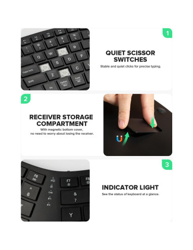 Teclado Ergonómico Inalámbrico DeLUX GM909 Negro con Reposamanos