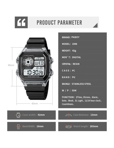 Reloj Digital Multifuncional PASOY Hombre Impermeable 50m
