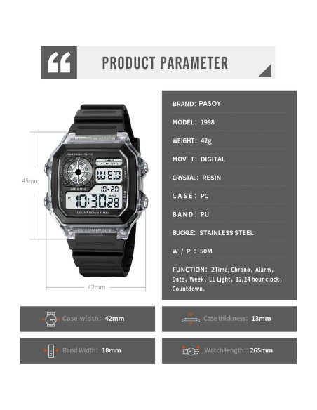 Reloj Digital Multifuncional PASOY Hombre Impermeable 50m Reloj Digital Multifuncional PASOY Hombre Impermeable 50m