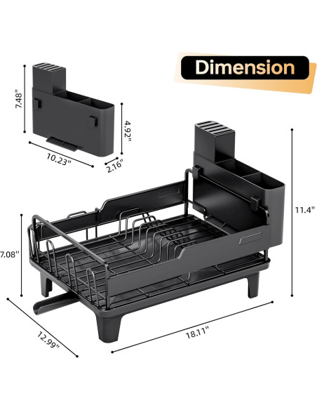 Escurridor de Platos Urackify Negro con Drenaje Automático 1.73 kg Escurridor de Platos Urackify Negro con Drenaje Automático 1.73 kg