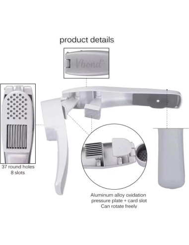 Prensa y Cortador de Ajo 2 en 1 Vbond, Aluminio, Apta Lavavajillas
