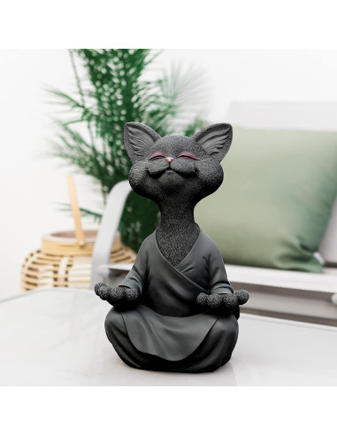 Estatua de Gato Buda Feliz JFSM INC. 30.48 cm Resina Negra