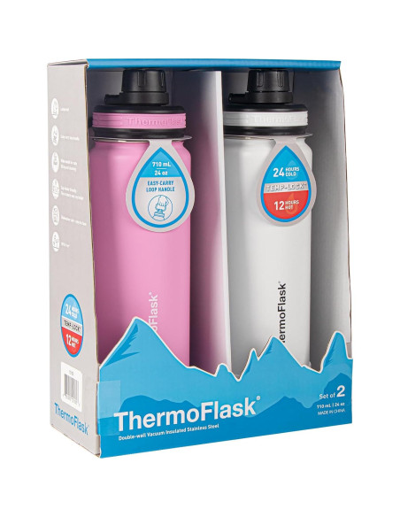 Juego de 2 Botellas de Agua ThermoFlask 710 ml Aisladas Doble Pared Juego de 2 Botellas de Agua ThermoFlask 710 ml Aisladas Doble Pared
