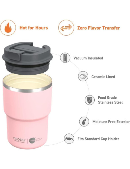 Taza de Viaje Aislada Asobu 12 oz Cerámica Rosa a Prueba de Fugas Taza de Viaje Aislada Asobu 12 oz Cerámica Rosa a Prueba de Fugas