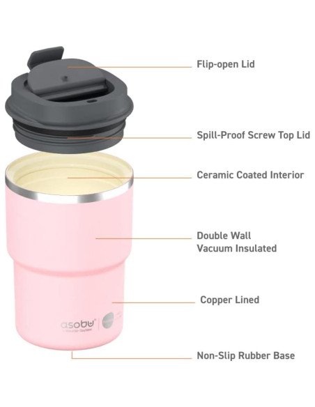 Taza de Viaje Aislada Asobu 12 oz Cerámica Rosa a Prueba de Fugas Taza de Viaje Aislada Asobu 12 oz Cerámica Rosa a Prueba de Fugas