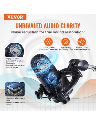 Micrófono USB VEVOR AK-V4, 192kHz/24-bit, Condensador Profesional