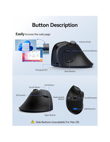 Ratón Ergonómico TECKNET Inalámbrico Recargable 6 DPI Negro