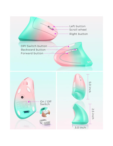 Ratón Ergonómico Lekvey XC05 Verde Rosa Inalámbrico 600mAh