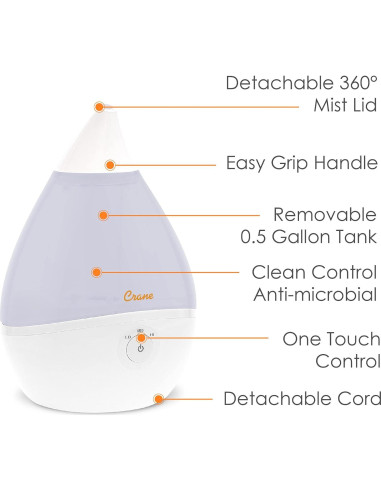 Humidificador Ultrasónico Gota Crane 1.89L Niebla Fría Blanco