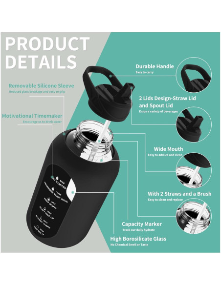 Botella de Agua de Vidrio CIVAGO 1.81L con Pajilla y Asa Botella de Agua de Vidrio CIVAGO 1.81L con Pajilla y Asa