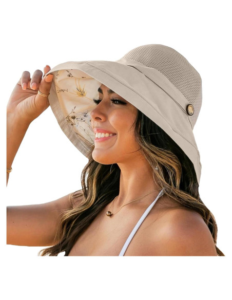 Sombrero de Sol Plegable para Mujeres Beige UPF 50+ Malla Sombrero de Sol Plegable para Mujeres Beige UPF 50+ Malla