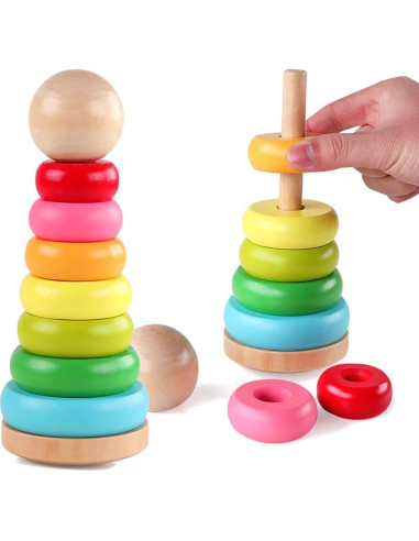 Juguete Apilable de Madera GEMEM Arcoíris 7 Anillos 22.1cm
