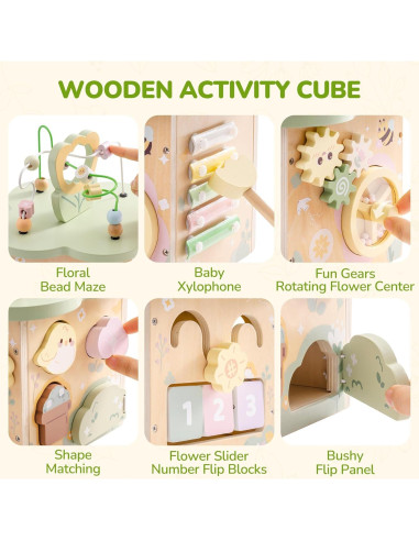 Cubo de Actividades de Madera ROBUD con 7 Áreas Interactivas