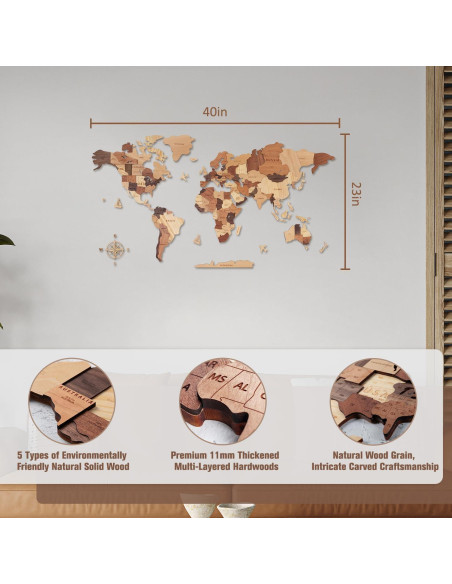 Mapa Mundial 3D de Madera Handiwoo 101.6x58.4cm Decoración Mapa Mundial 3D de Madera Handiwoo 101.6x58.4cm Decoración